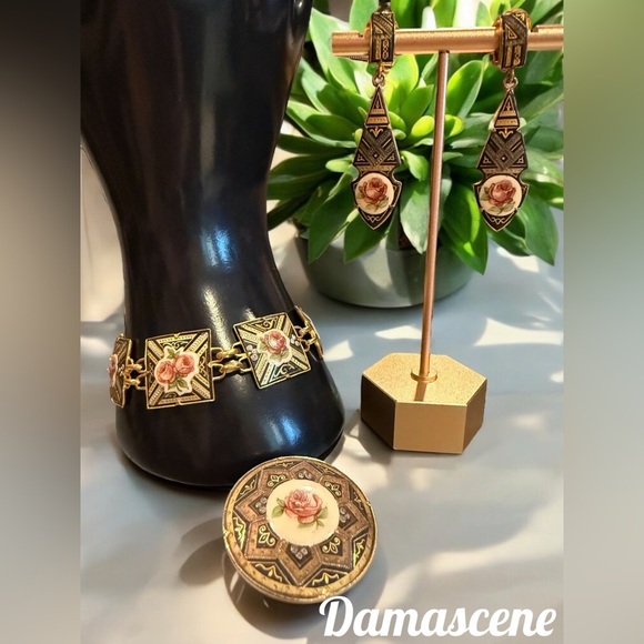 Damascene Vintage Set Gold & Black Bracelet, Earrings & Brooch w/ Floral Enamel - Picture 2 of 10